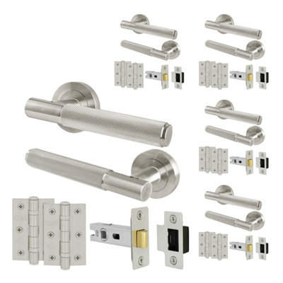 B&Q -  Satin Nickel Door Handles Round Rose Latch Kit5 Pairs Knurled Internal Lever HandlesLatches 64mm And HingesNurl