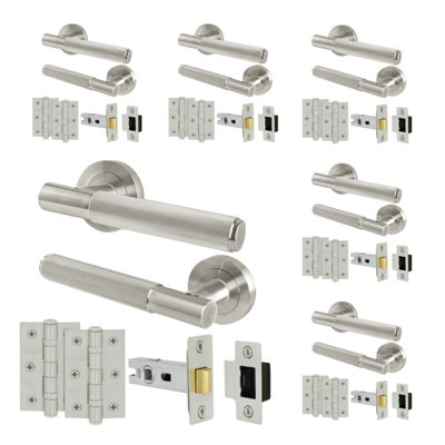 B&Q -  Satin Nickel Door Handles Round Rose Latch Kit6 Pairs Knurled Internal Lever HandlesLatches 64mm And HingesNurl