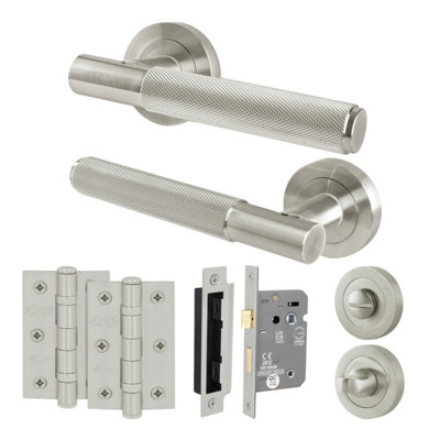 B&Q -  Satin Nickel Bathroom Door Handle Round Rose Kit1 Pair Of Knurled Internal Lever HandlesLock 80mmHingesNurl