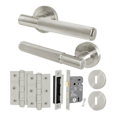 B&Q -  Satin Nickel Door Handle Round Rose Key Lock Kit1 Pair Of Knurled Internal Lever HandlesLock 64mm And HingesNurl