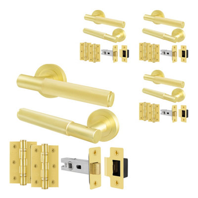 B&Q -  Satin Brass Door Handles Round Rose Latch Kit4 Pairs Knurled Internal Lever HandlesLatches 64mm And HingesNurl