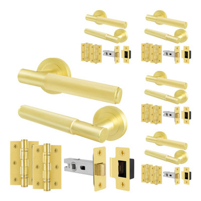 B&Q -  Satin Brass Door Handles Round Rose Latch Kit5 Pairs Knurled Internal Lever HandlesLatches 64mm And HingesNurl