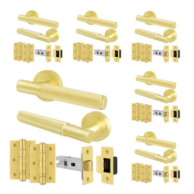 B&Q -  Satin Brass Door Handles Round Rose Latch Kit6 Pairs Knurled Internal Lever HandlesLatches 64mm And HingesNurl