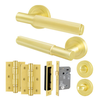 B&Q -  Satin Brass Bathroom Door Handle Round Rose Kit1 Pair Of Knurled Internal Lever HandlesLock 64mmHingesNurl