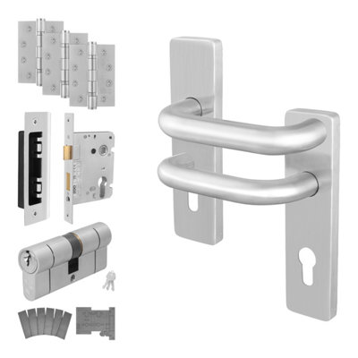 Afit Stainless Steel Door Handle Euro Cylinder Lock And Hinge Kit Fire Doors 19mm Return To Door Lever On Backplate from B&Q