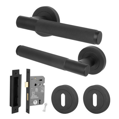 Afit Matt Black Door Handle Round Rose Key Lock Kit1 Pair Knurled Internal Lever Handles With Lock 64mmNurl Range from B&Q