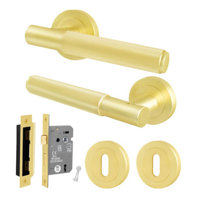 B&Q -  Satin Brass Door Handle Round Rose Key Lock Kit1 Pair Knurled Internal Lever Handles With Lock 64mmNurl Range