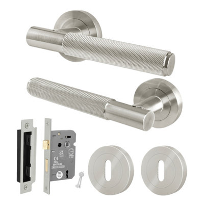 B&Q -  Satin Nickel Door Handle Round Rose Key Lock Kit1 Pair Knurled Internal Lever Handles With Lock 64mmNurl Range