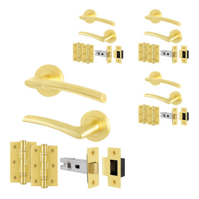 B&Q -  Satin Brass Door Handles Round Rose Latch Kit4 Pairs Internal Lever HandlesLatches 64mm And HingesBoston