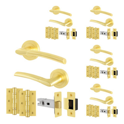 B&Q -  Satin Brass Door Handles Round Rose Latch Kit5 Pairs Internal Lever HandlesLatches 64mm And HingesBoston