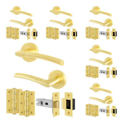 B&Q -  Satin Brass Door Handles Round Rose Latch Kit6 Pairs Internal Lever HandlesLatches 64mm And HingesBoston