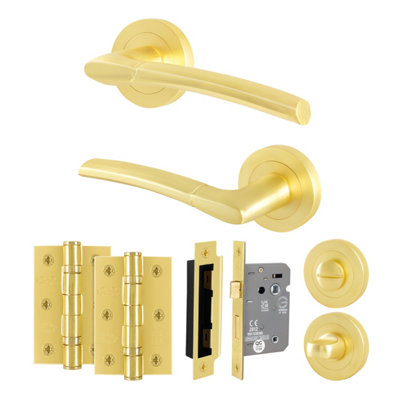 B&Q -  Satin Brass Bathroom Door Handle Round Rose Kit1 Pair Of Internal Lever HandlesLock 64mmHingesBoston