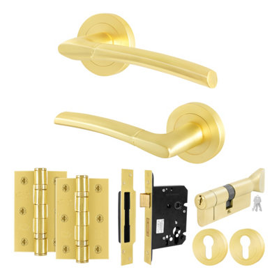 B&Q -  Satin Brass Door Handle Euro Lock And Turn Cylinder Set1 Pair Of Internal HandlesLocksHingesBoston