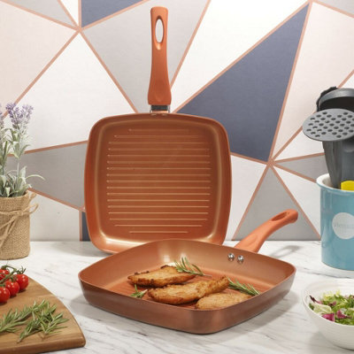 B&Q -  2Pcs Forged Aluminium Ceramic Coated Grill Grilling Griddle Frying Pan Square Skillet