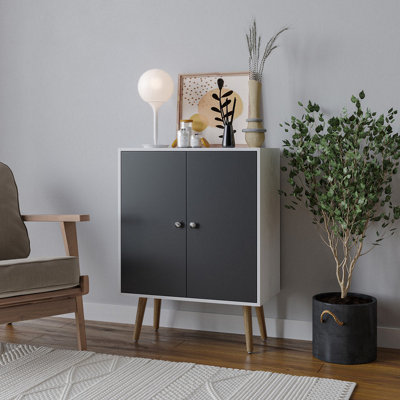 Urbn-Living Urbnliving 60Cm Height 2 Tier White Wooden Bookcase With Black Door Scandinavian Style Beech Legs Bedroom Shelf from B&Q