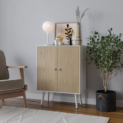 Urbn-Living Urbnliving 60Cm Height 2 Tier White Wooden Bookcase With Oak Door Scandinavian Style White Legs from B&Q