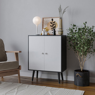 Urbn-Living Urbnliving 60Cm Height 2 Tier Black Wooden Bookcase With White Door Scandinavian Style Black Legs Bedroom Shelf from B&Q