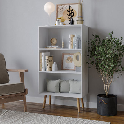 Urbn-Living Urbnliving 90Cm Height Wide White 3 Tier Bookcase Storage Cabinet Scandinavian Style Beech Legs Dining Room Display from B&Q