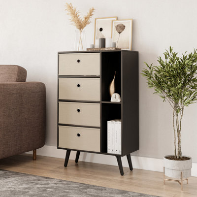 Urbn-Living Urbnliving 84Cm Height Black 6 Section Wooden Storage Bookcase With Black Legs Beige Drawers