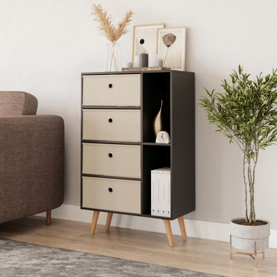 Urbn-Living Urbnliving 84Cm Height Black 6 Section Wooden Storage Bookcase With Beech Legs Beige Drawers