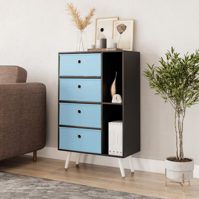 Urbn-Living Urbnliving 84Cm Height Black 6 Section Wooden Storage Bookcase With White Legs Sky Blue Drawers