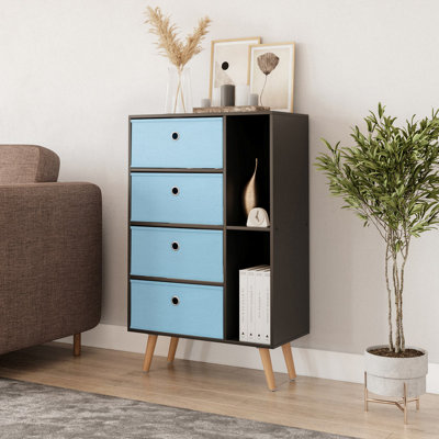 Urbn-Living Urbnliving 84Cm Height Black 6 Section Wooden Storage Bookcase With Beech Legs Sky Blue Drawers