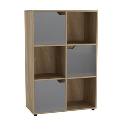 Urbn-Living Urbnliving 6 Cube Oak Wooden Bookcase Shelving Display Shelves Storage Unit Wood Shelf Grey Door from B&Q