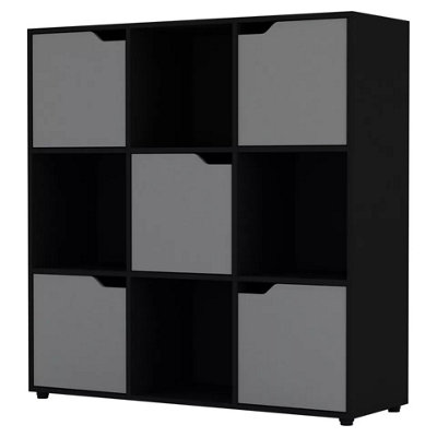 Urbn-Living Urbnliving 9 Cube Black Wooden Bookcase Shelving Display Shelves Storage Unit Wood Shelf Grey Door from B&Q