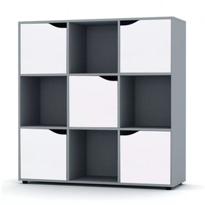 Urbn-Living Urbnliving 9 Cube Grey Wooden Bookcase Shelving Display Shelves Storage Unit Wood Shelf White Door from B&Q