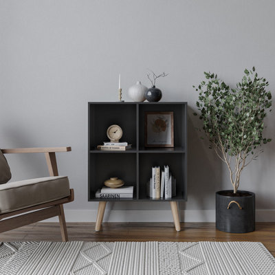 Urbn-Living Urbnliving 80Cm Height 4 Cube Black Wooden Bookcase With Beech Scandinavian Style Legs Shelves from B&Q