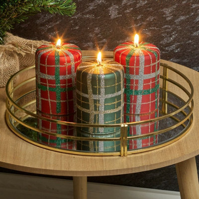 Urbn-Living Urbnliving 40Hr Wax Red & Green Tartan Christmas Glitter Candles Home Xmas Table Decor Set Of 3 from B&Q