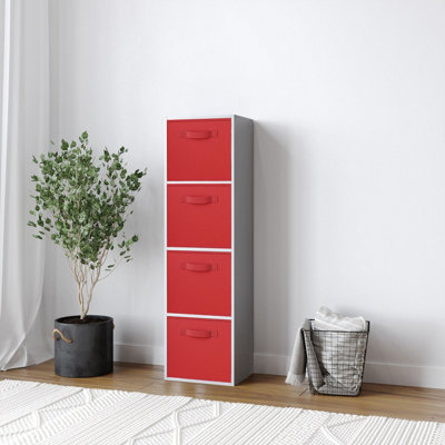 B&Q -  Urbnliving 106Cm Height Grey 4-Tier Cube Shelving Unit With Red Inserts