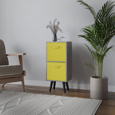 B&Q -  Urbnliving 74Cm Height Cedar Grey 2-Tier 2-Drawer Yellow Cube Shelving Unit With Scandinavian Black Legs