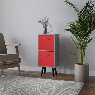 B&Q -  Urbnliving 74Cm Height Cedar Grey 2-Tier 2-Drawer Red Cube Shelving Unit With Scandinavian Black Legs