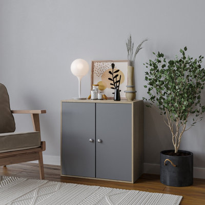 Urbn-Living Urbnliving 60Cm Height Oak Tier 2- Grey Door Wooden Cabinet from B&Q