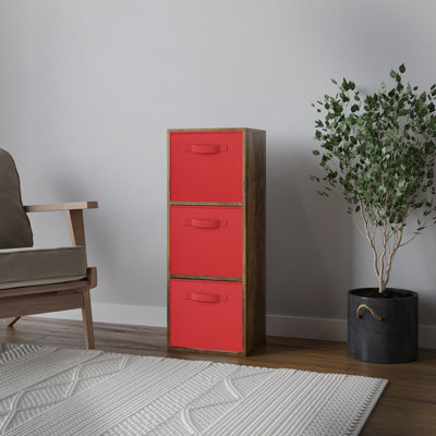B&Q -  Urbnliving 80Cm Height Rustic Brown 3-Tier Cube Shelving Unit With Red Inserts