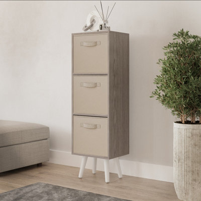 Urbn-Living Urbnliving 100Cm Height Cedar Grey 3-Tier 3-Drawer Beige Cube Shelving Unit With Scandinavian White Legs from B&Q