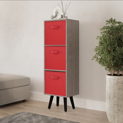 Urbn-Living Urbnliving 100Cm Height Cedar Grey 3-Tier 3-Drawer Red Cube Shelving Unit With Scandinavian Black Legs from B&Q