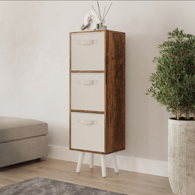 Urbn-Living Urbnliving 100Cm Height Rustic Brown 3-Tier 3-Drawer Cream Cube Shelving Unit With Scandinavian White Legs from B&Q
