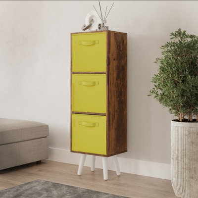 Urbn-Living Urbnliving 100Cm Height Rustic Brown 3-Tier 3-Drawer Yellow Cube Shelving Unit With Scandinavian White Legs from B&Q