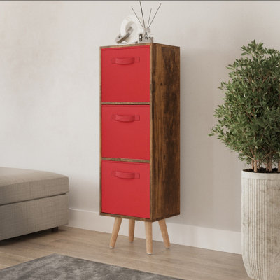 Urbn-Living Urbnliving 100Cm Height Rustic Brown 3-Tier 3-Drawer Red Cube Shelving Unit With Scandinavian Beech Legs from B&Q