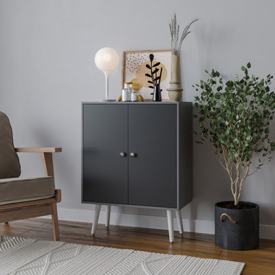 Urbn-Living Urbnliving 81Cm Height Grey 2-Tier 2-Door Black Wooden Cabinet With White Legs from B&Q