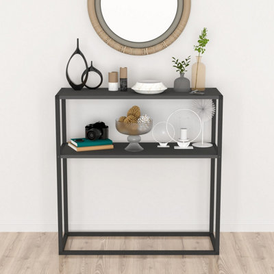 Urbn-Living Urbnliving 90Cm Height Anthracite Console Table Slim Modern 2 Shelf Wooden Free Standing With Metal Frame from B&Q