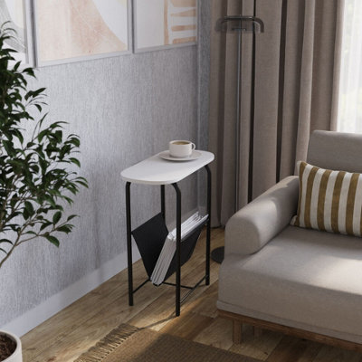 Urbn-Living Urbnliving 58Cm Height Slim Oval Side End White Table With Magazine Newspapers Holder Sling Rack from B&Q