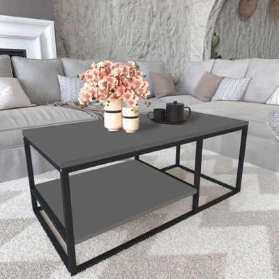 Urbn-Living Urbnliving 105Cm Width 2-Shelf Anthracite Wooden Rectangle Coffee & Side Table With Metal Frame Living Room Décor from B&Q