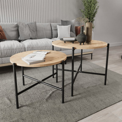 Urbn-Living Urbnliving 65Cm Width 2Pcs Round Pine Wooden Nesting End Coffee & Side Table Set With Metal Legs from B&Q