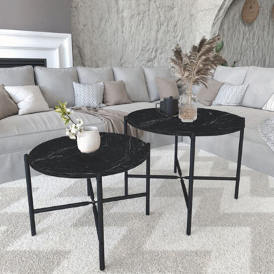 Urbn-Living Urbnliving 65Cm Width 2Pcs Round Black Marble Wooden Nesting End Coffee & Side Table Set With Metal Legs from B&Q