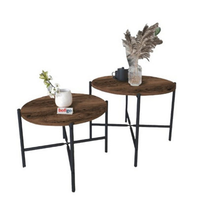 Urbn-Living Urbnliving 65Cm Width 2Pcs Round Burnt Oak Wooden Nesting End Coffee & Side Table Set With Metal Legs from B&Q