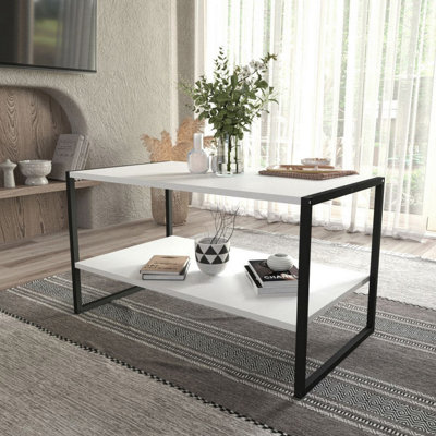 Urbn-Living Urbnliving 90Cm Width Rectangle White Wooden Coffee Table & Metal Frame Open Storage Shelf Home Décor from B&Q