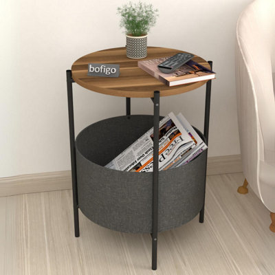 Urbn-Living Urbnliving 60Cm Height Round Walnut Wooden Side Table With Storage Bag And Metal Frame Living Room Décor from B&Q